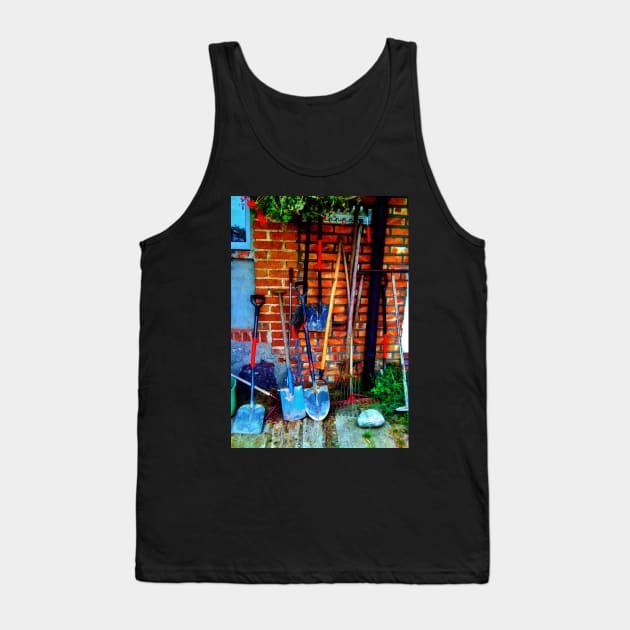 Rakes & Shovels Leaning on a Brick Wall in the Garden Tank Top by 1Redbublppasswo